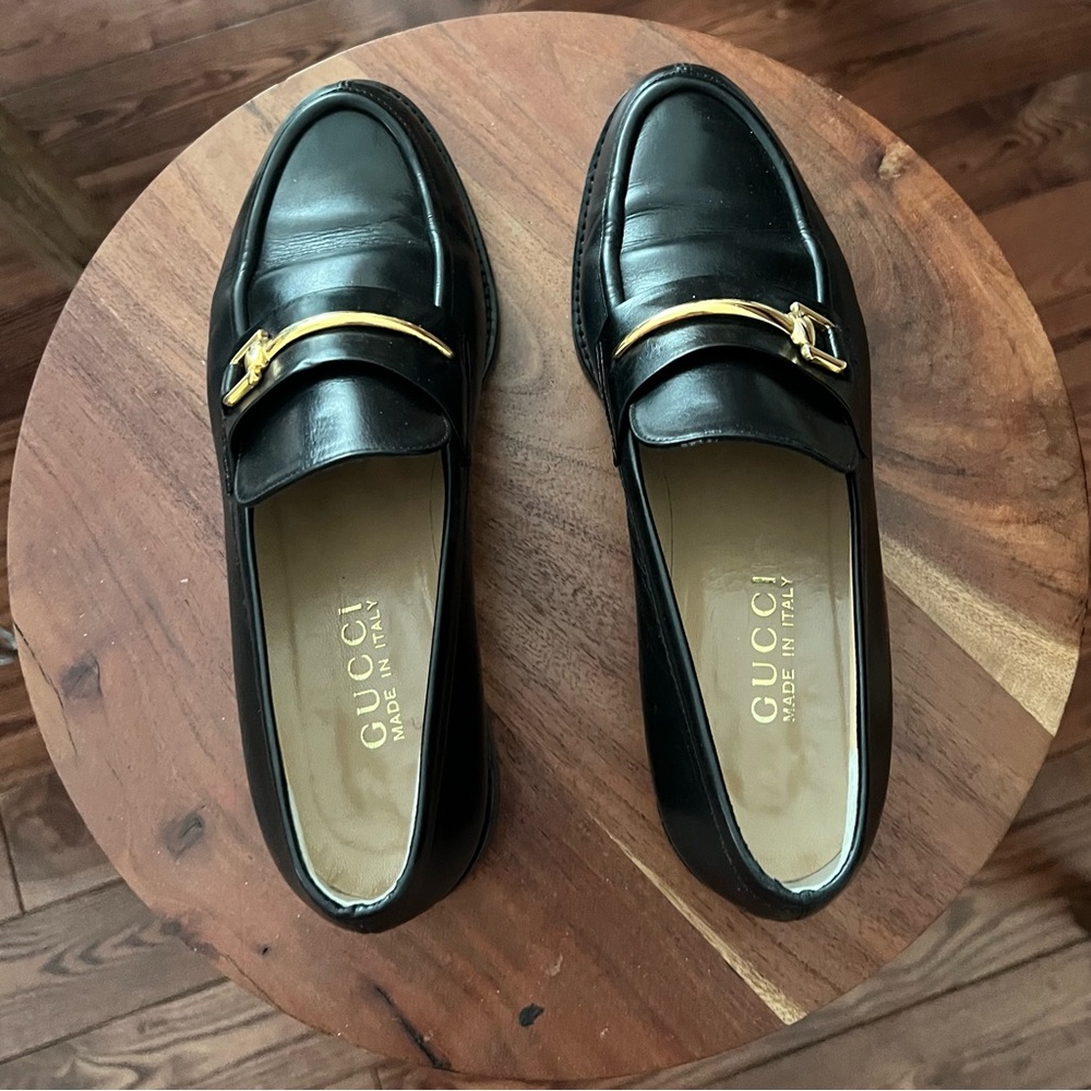Gucci Black Leather Loafers with Gold Detail